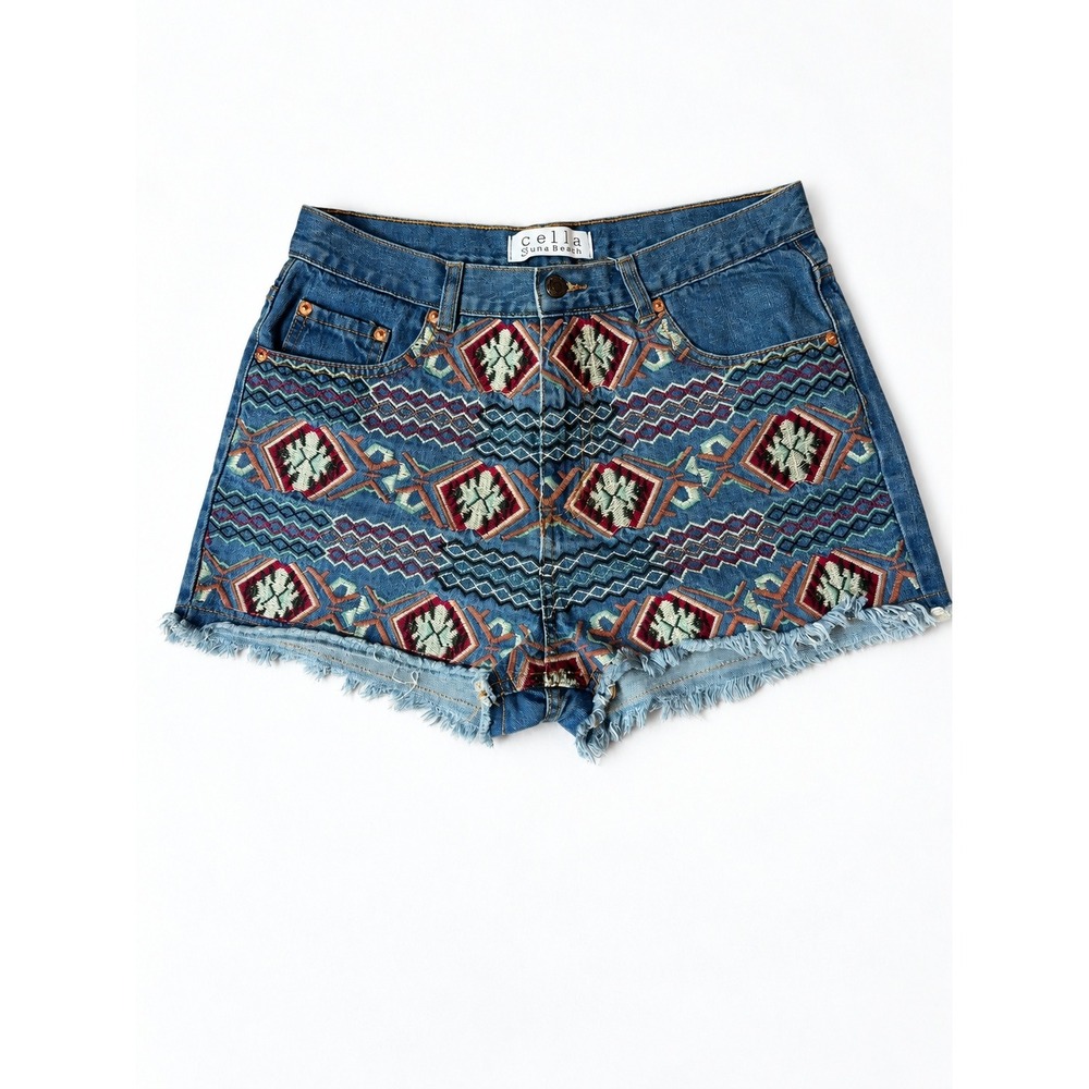 Stella Laguna Beach L Embroidered Denim Shorts Boho Western Frayed Cutoff